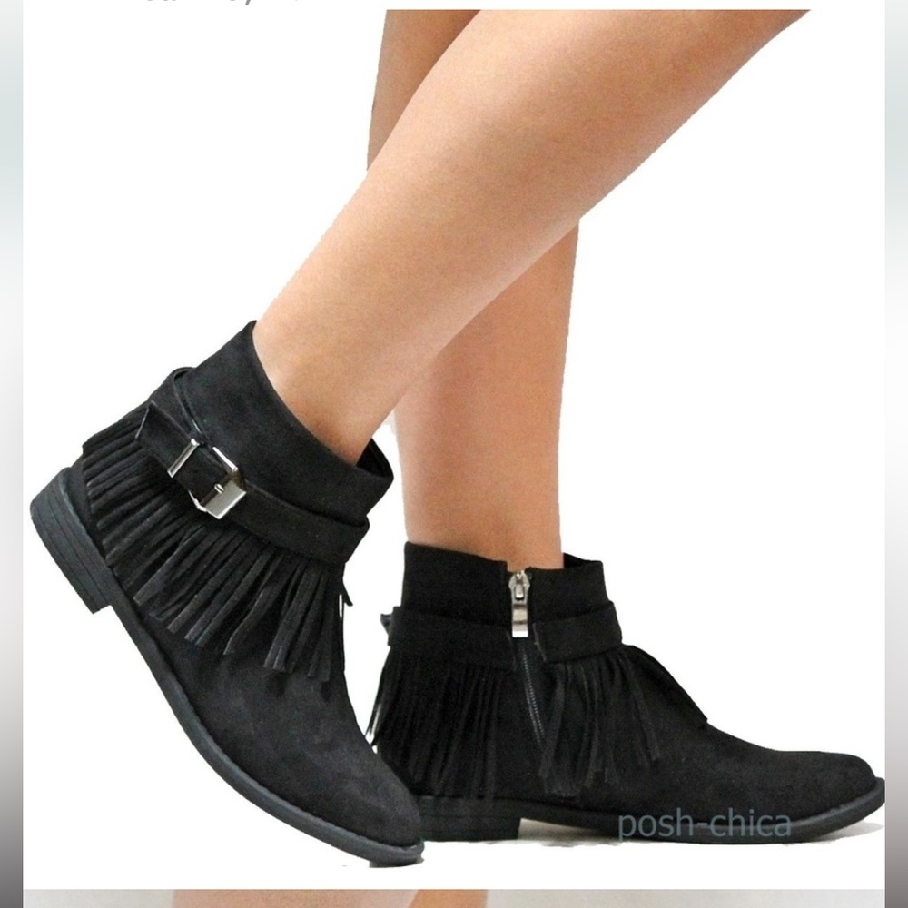 Black Fringe Moccasin Western Bootie’s Ankle Boots Size 9, Boutique Brand